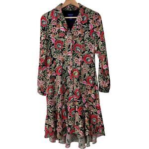 Doncaster Collection Floral‎ Shirt Dress 2 Petite Long Sleeves Ruffle Hem Midi